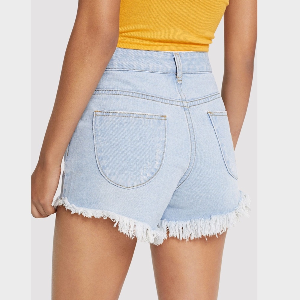 Raw Hem High Waisted Denim Shorts Light Blue Wash - Picture 6 of 6
